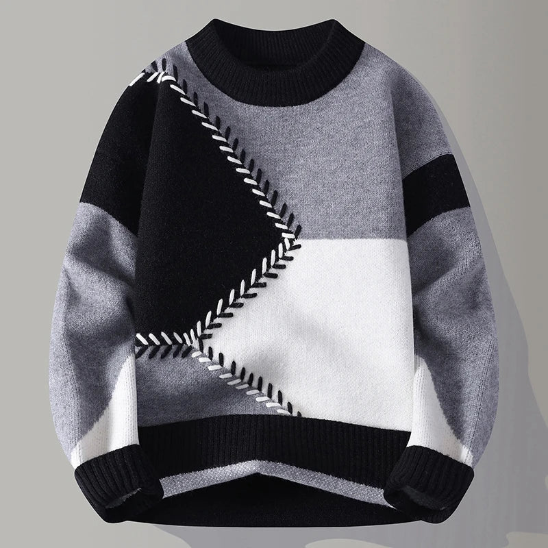 Men's Autumn Winter Patchwork O-Neck Knit Sweater - Casual Warm Pullover