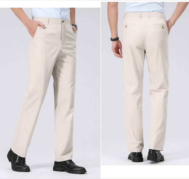Men's Spring Summer Cotton Smart Casual Lightweight Zipper Fly Straight Breathable Trousers