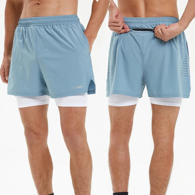 Men's Summer Swim Gym Sportswear 2 in 1 Compression Jogging Shorts Beach Casual Pants Double-deck Bottoms with Zipper Pockets