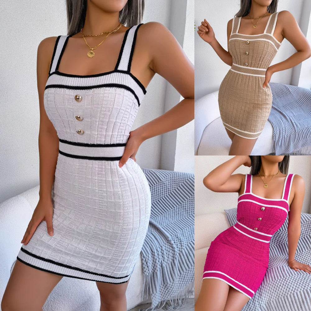 Women's Casual Square Neck Button Collar Colored Waist Knitted Wrapped Hip Dress