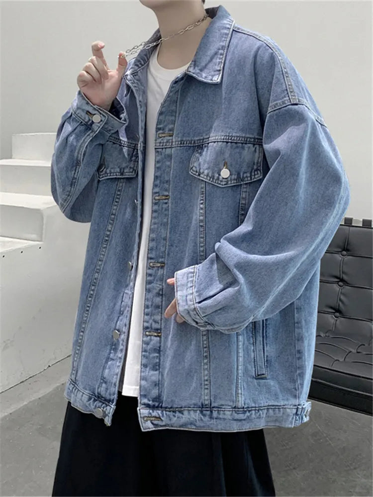 Men's Loose Turn Down Collar Vintage Style 53.6% Cotton  Denim Jacket