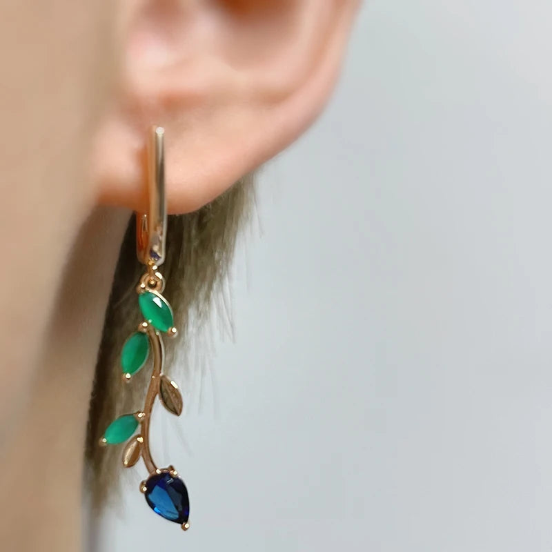 Women's 585 Rose Gold With Shiny Green Natural Zircon Long Leaf Drop Earrings