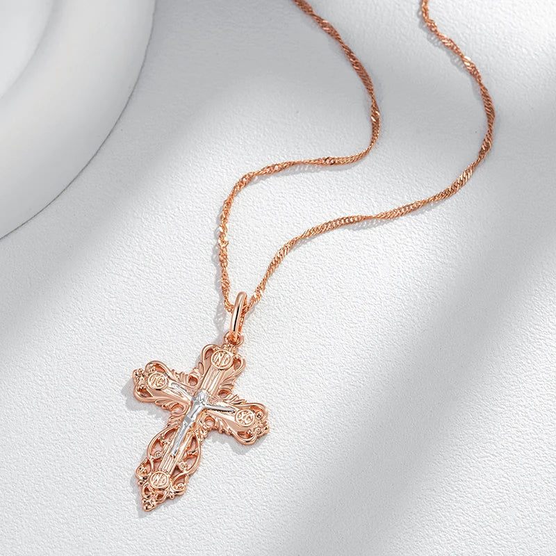 Unisex 585 Rose Gold Silver Orthodox Church Cross Pendant Necklace