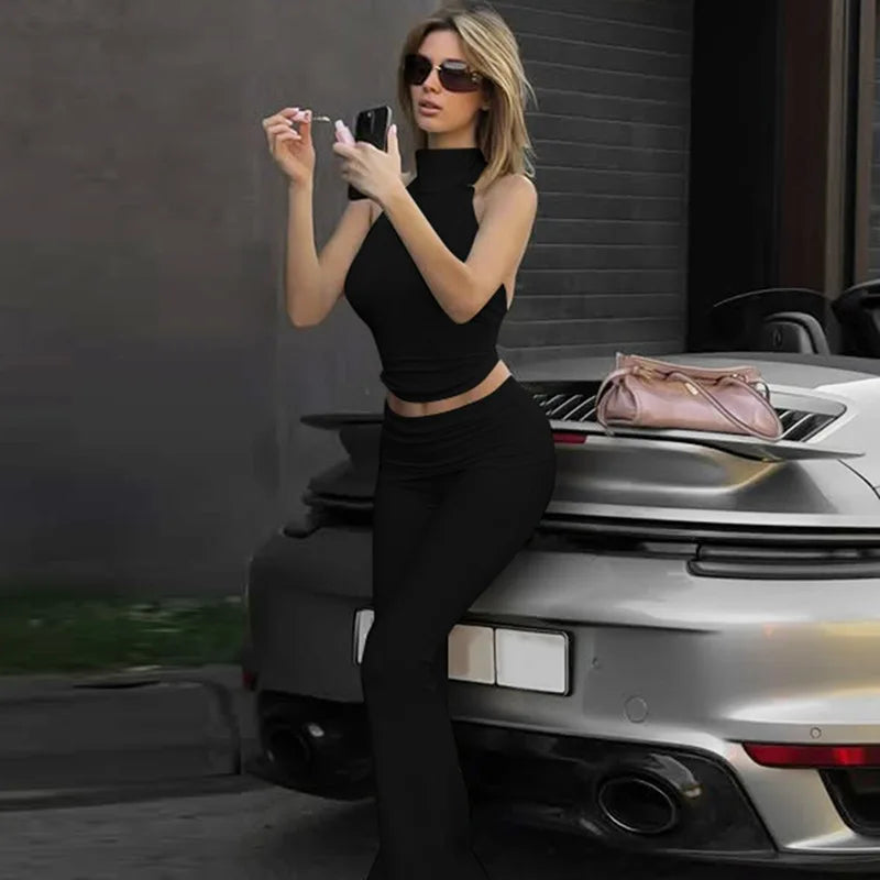 Women's Sleeveless Top & Flare Pant Two-Piece Set - Matching Outfit