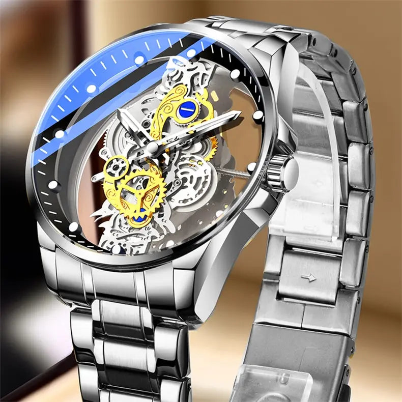 Gold Luxury Watch Men Hollow Creative Leather Man Wristwatch Waterproof Sliver Business Stainless Steel Bracelet Erkek Kol Saati