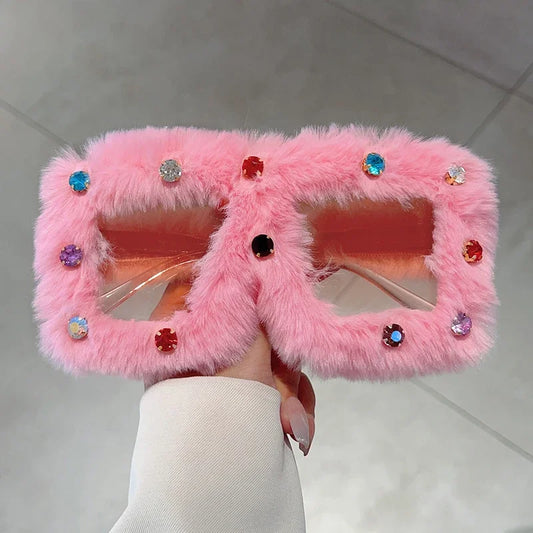Women's Square Furry Sunglasses with Rhinestones
