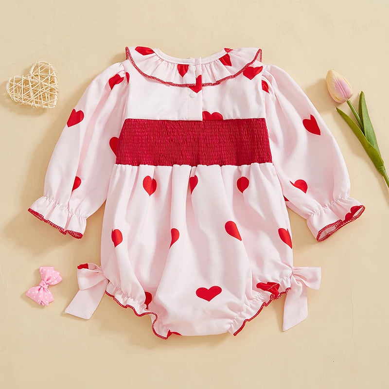 Baby Girls Valentine's Day Romper - Heart Print with Letter Embroidery & Bow (0-24M)