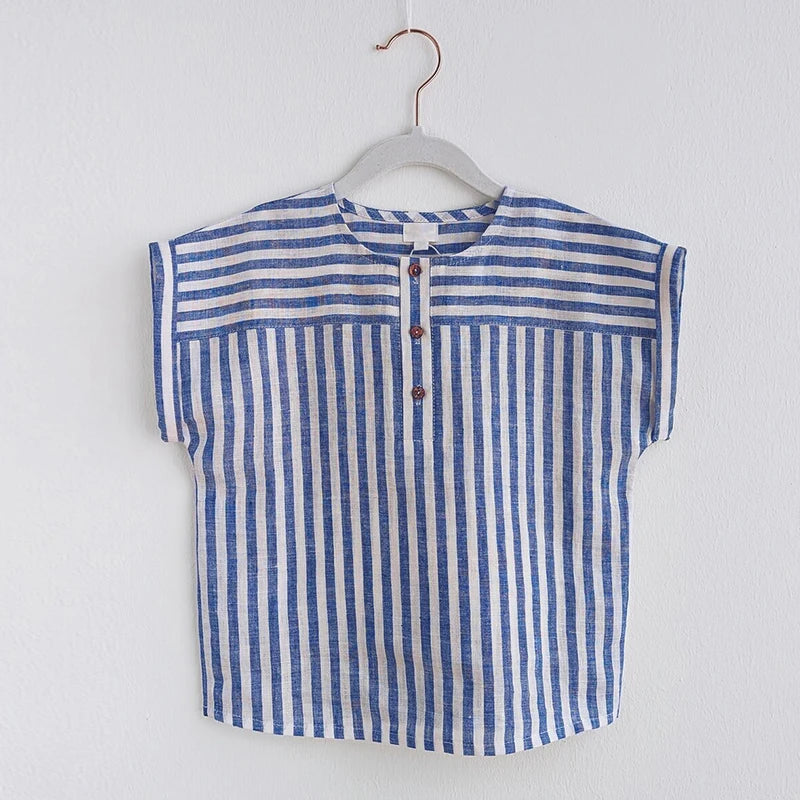 Children's Boy's Round Neck Buttons Short-Sleeved Linen Top