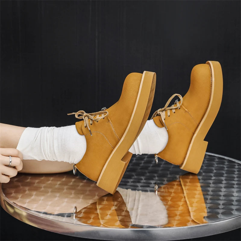 Men's Platform Leather Sneakers - Lace-Up Work Shoes