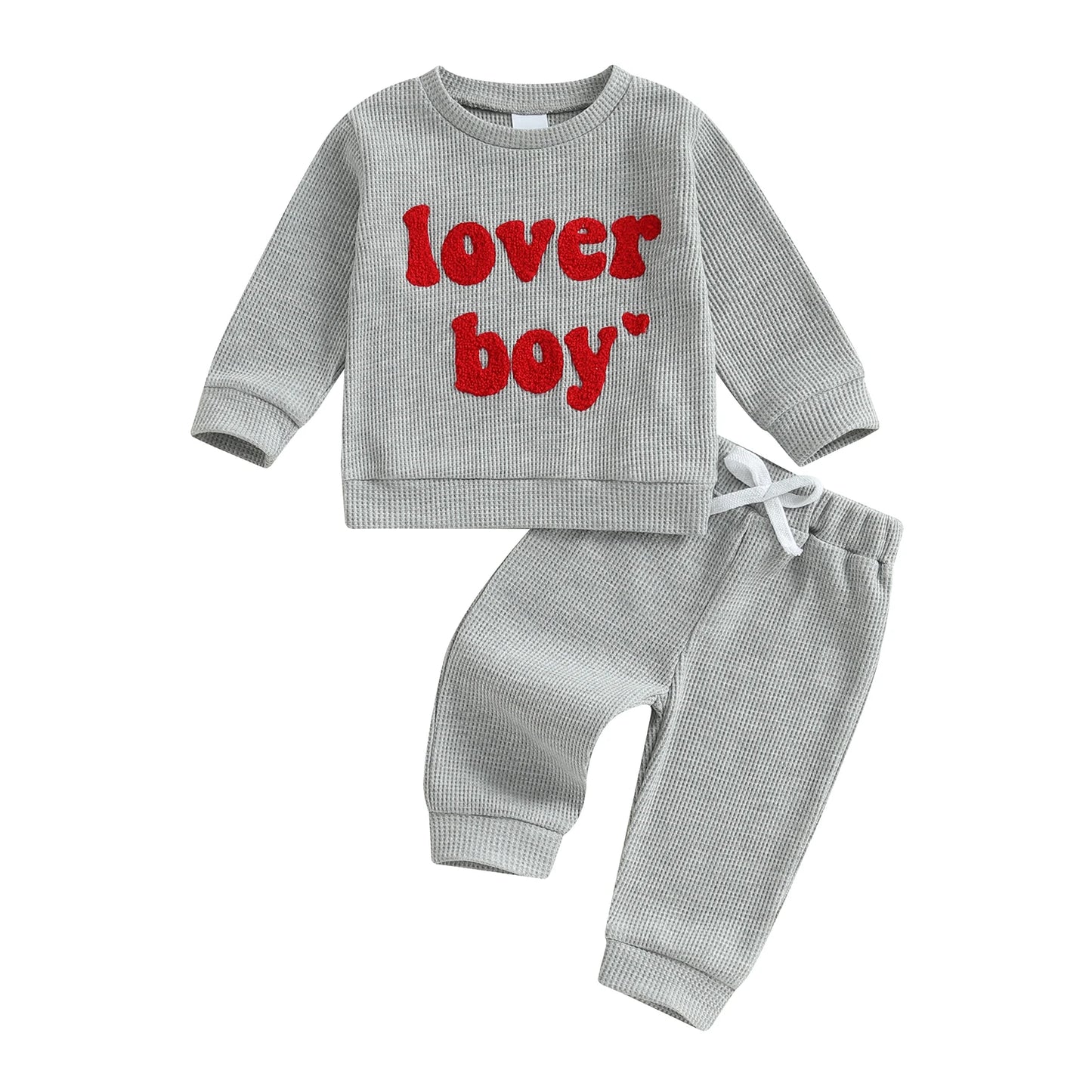 0-3Y Baby Boys Valentine's Day Clothes Sets Letter Embroidery Ribbed Long Sleeve Sweatshirts Drawstring Pants