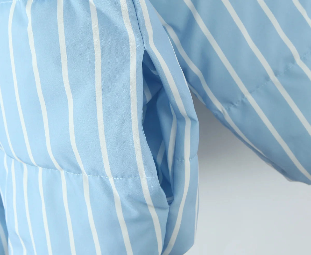 Striped Hooded Bread Jacket - Front Zipper Long Sleeve Warm Coat