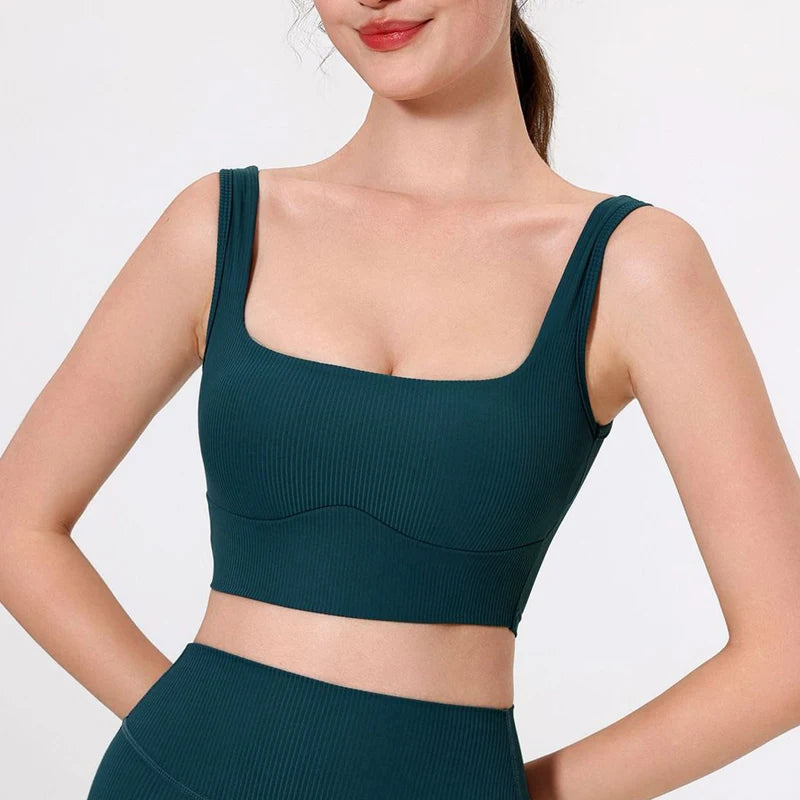 Women's High Impact Fitness Yoga Bra Soft Sports Underwear Square Neckline Gym Crop Top Breathable Workout Top