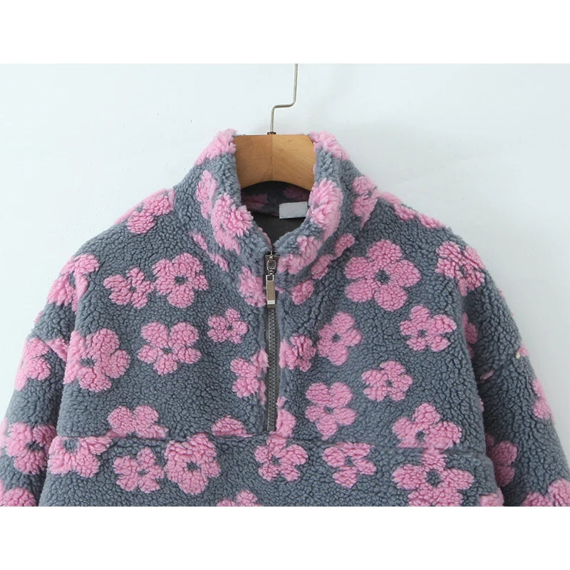 Lambswool Floral Sweatshirt - High Neck Long Sleeve Warm Pullover