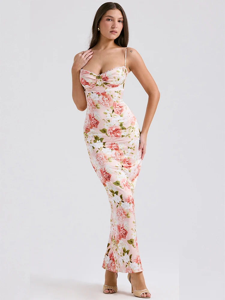 Summer Long Party Dress - Pink Peony Print Maxi Elegant Spaghetti Strap Dress