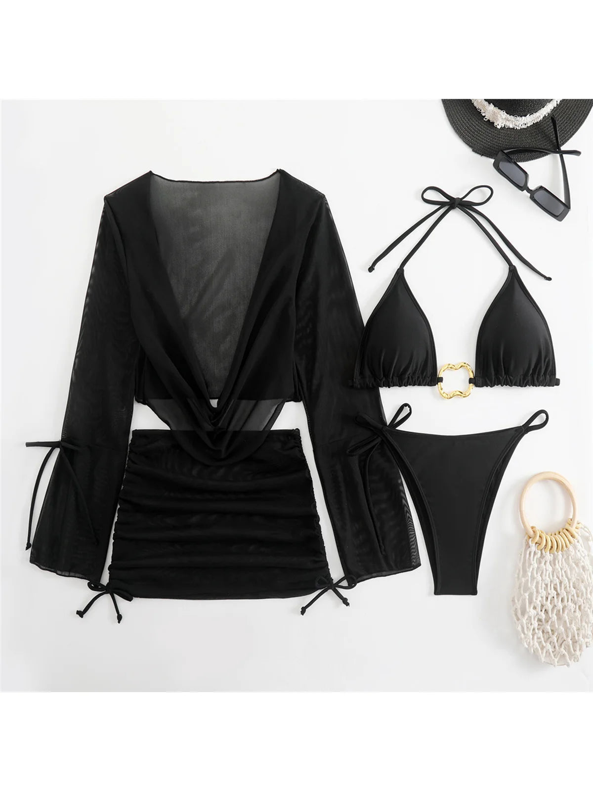 Women's Long Sleeve Cover Up Skirt Halter Bikini Swimsuit Swimwear Four-pieces Bikini Set