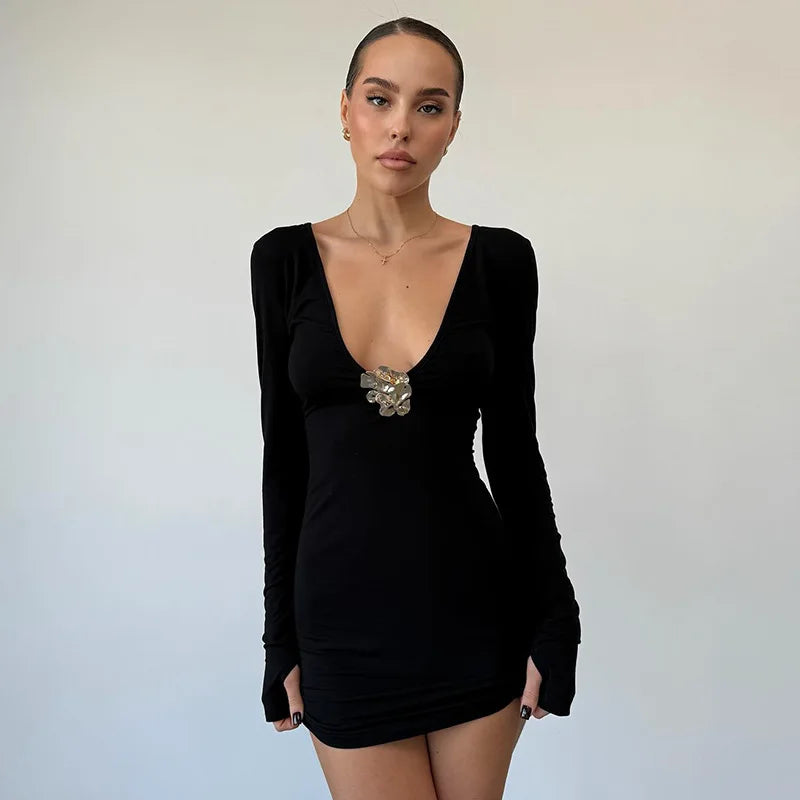 Women's  Metal Embellished Draped Deep V Neck Mini Party Bodycon Dress