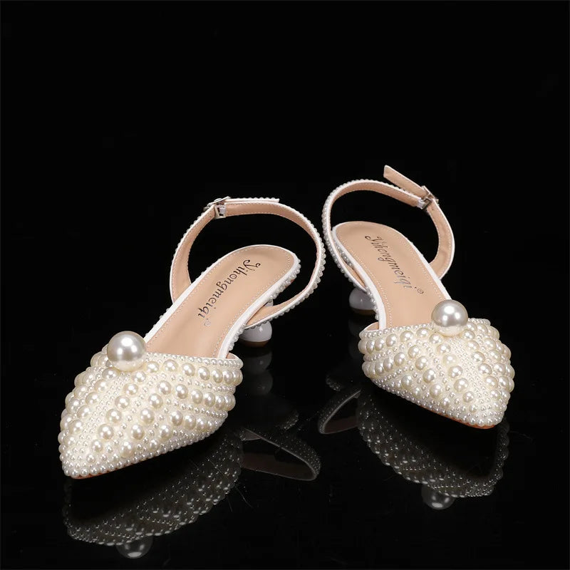 Women's 5cm Round Heel Shaped Heel Pearl Sandals