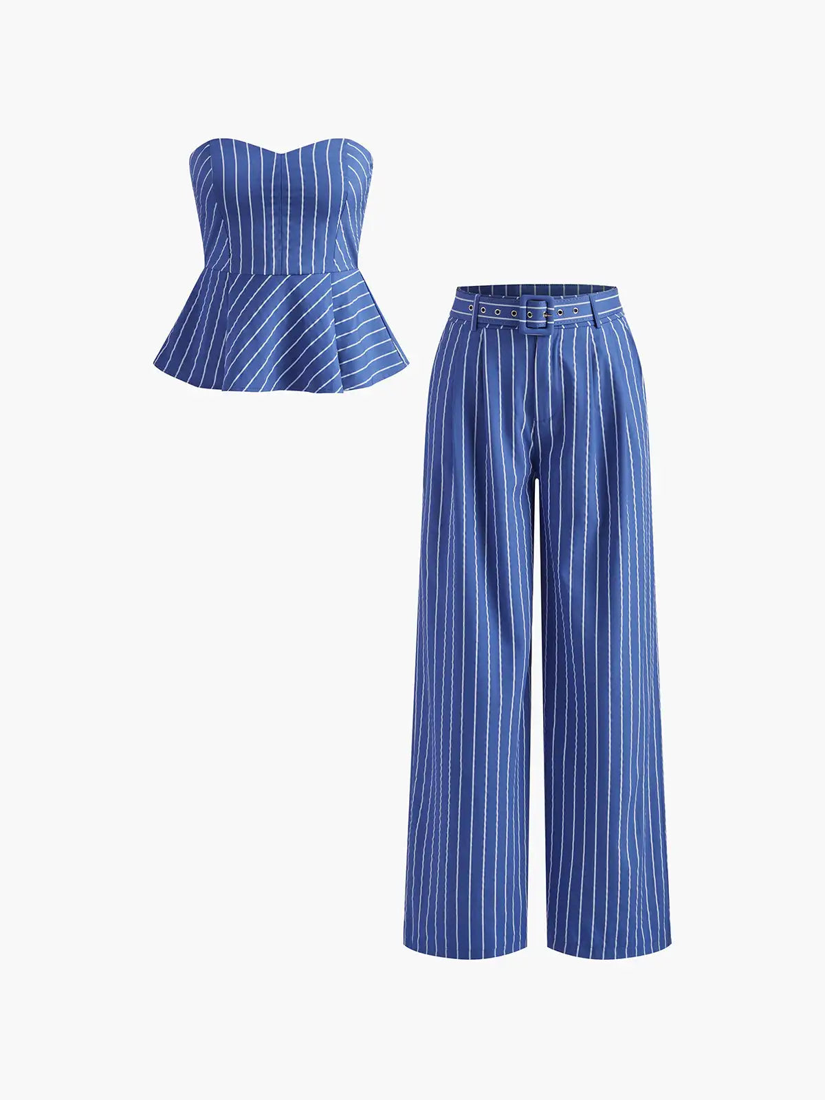 Women's Stripe Belted Trousers Set - Bandage Wide Leg Pants Two Piece Set