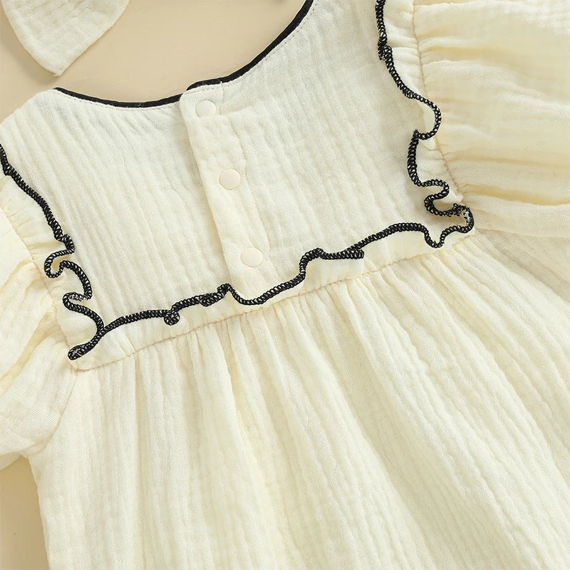 Baby Girls Bow Bubble Romper with Headband - Short Sleeve Ruffled Jumpsuit