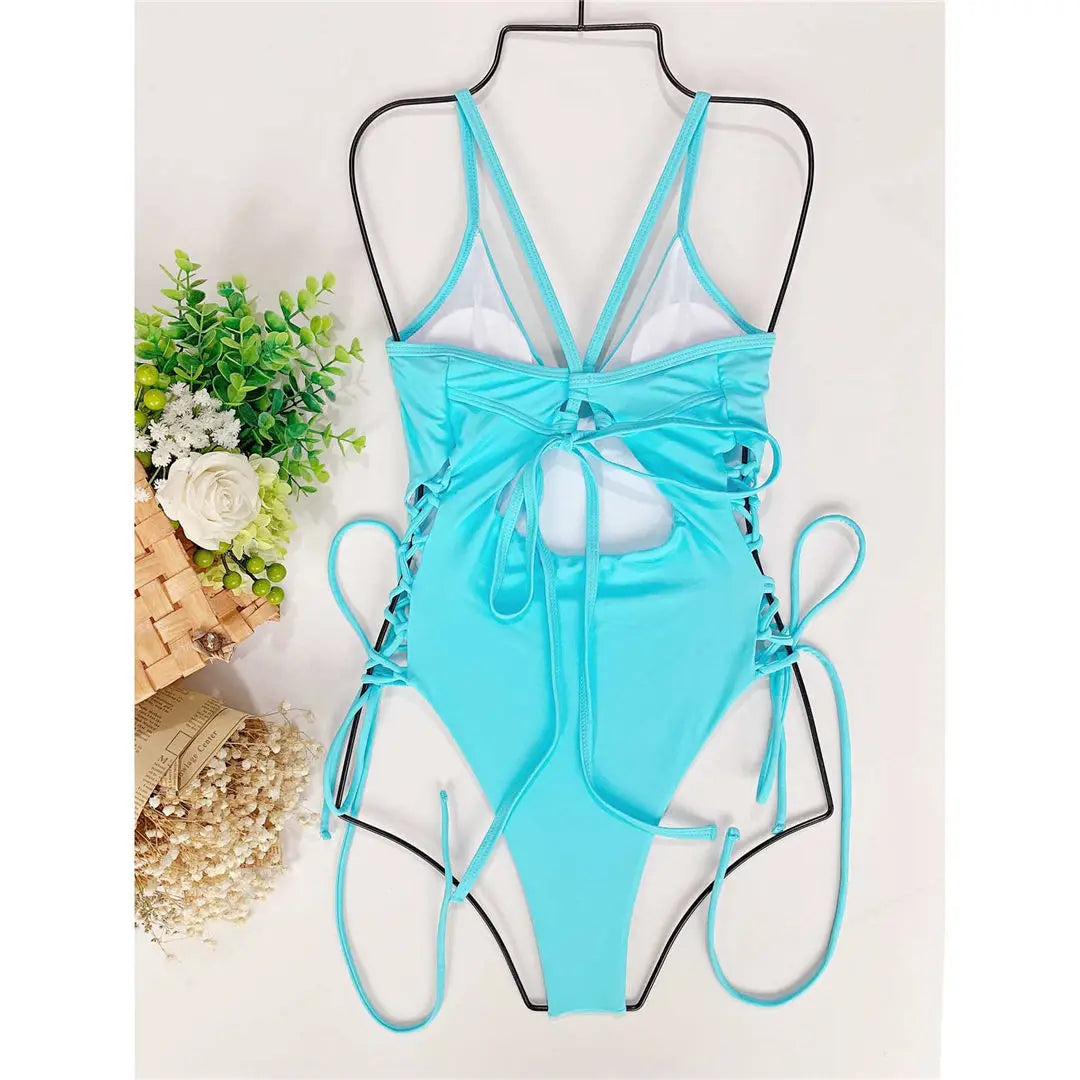 Women's Lace Up Underwired One Piece Swimwear Backless Swimsuit