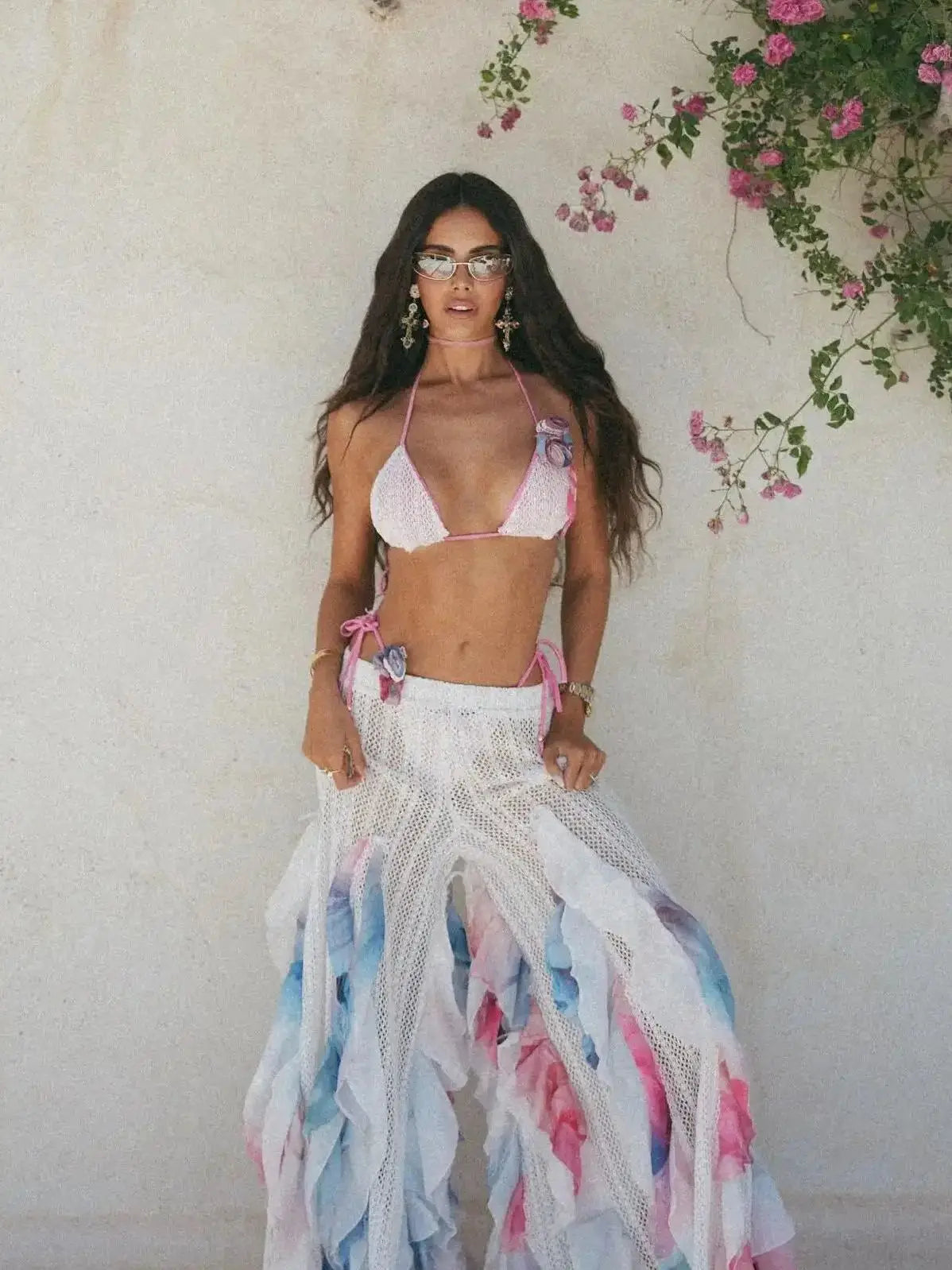 Women's 3 Pcs Knit Bikini With Pants Wide-Leg Ruffle Lace Pants Summer Tube Top with Pants Set