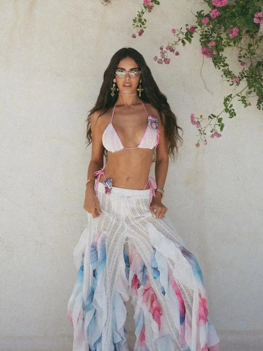 Women's 3 Pcs Knit Bikini With Pants Wide-Leg Ruffle Lace Pants Summer Tube Top with Pants Set