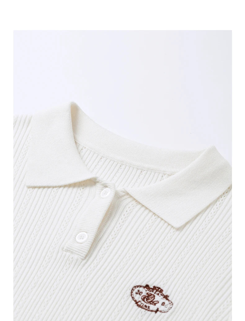 Women's Knitwear Contrast Color Hollow Out Polo Neck Short Sleeve Shirt