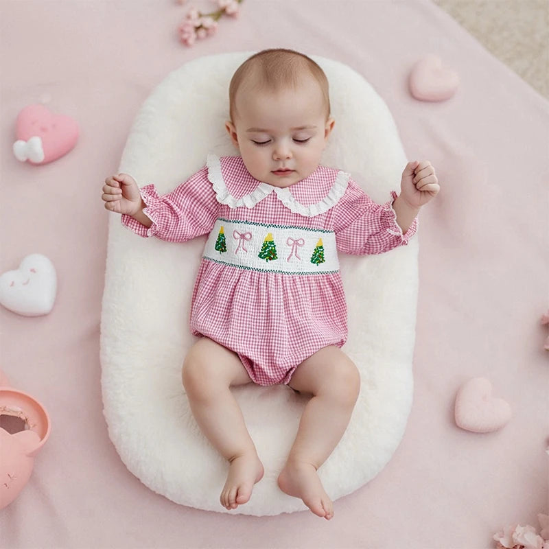Baby Plaid Print Romper - Long Sleeve Bow Embroidery Doll Collar Jumpsuit