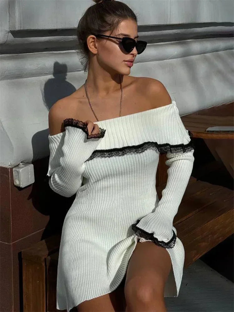 Women's Knit Off-Shoulder Sweater Mini Lace Patchwork Ribbed Slim Backless Elegant Party Knitwear Dress