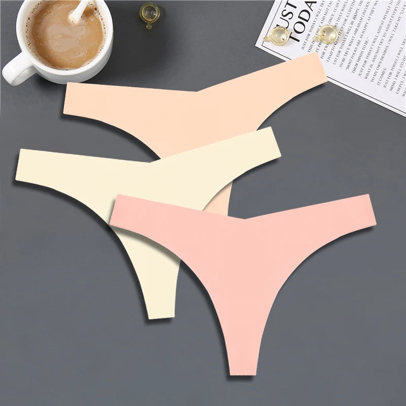 3PCS Women Ice Silk Seamless Underpants Panties, V-Waist Sport Thongs Low Rise 10 Solid Colours Breathable G-string