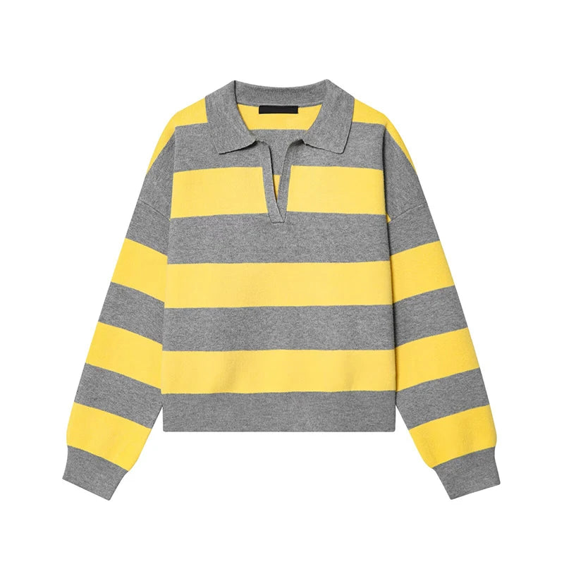 Striped Knit Polo Neck Sweater