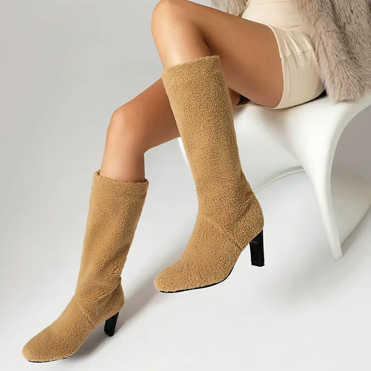 Faux Fur Lined Knee High Boots - 7cm Square Heel Winter Boots