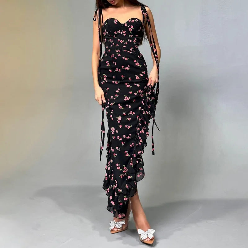 Women's Floral Slit Spaghetti Strap Ruffle Long Dress