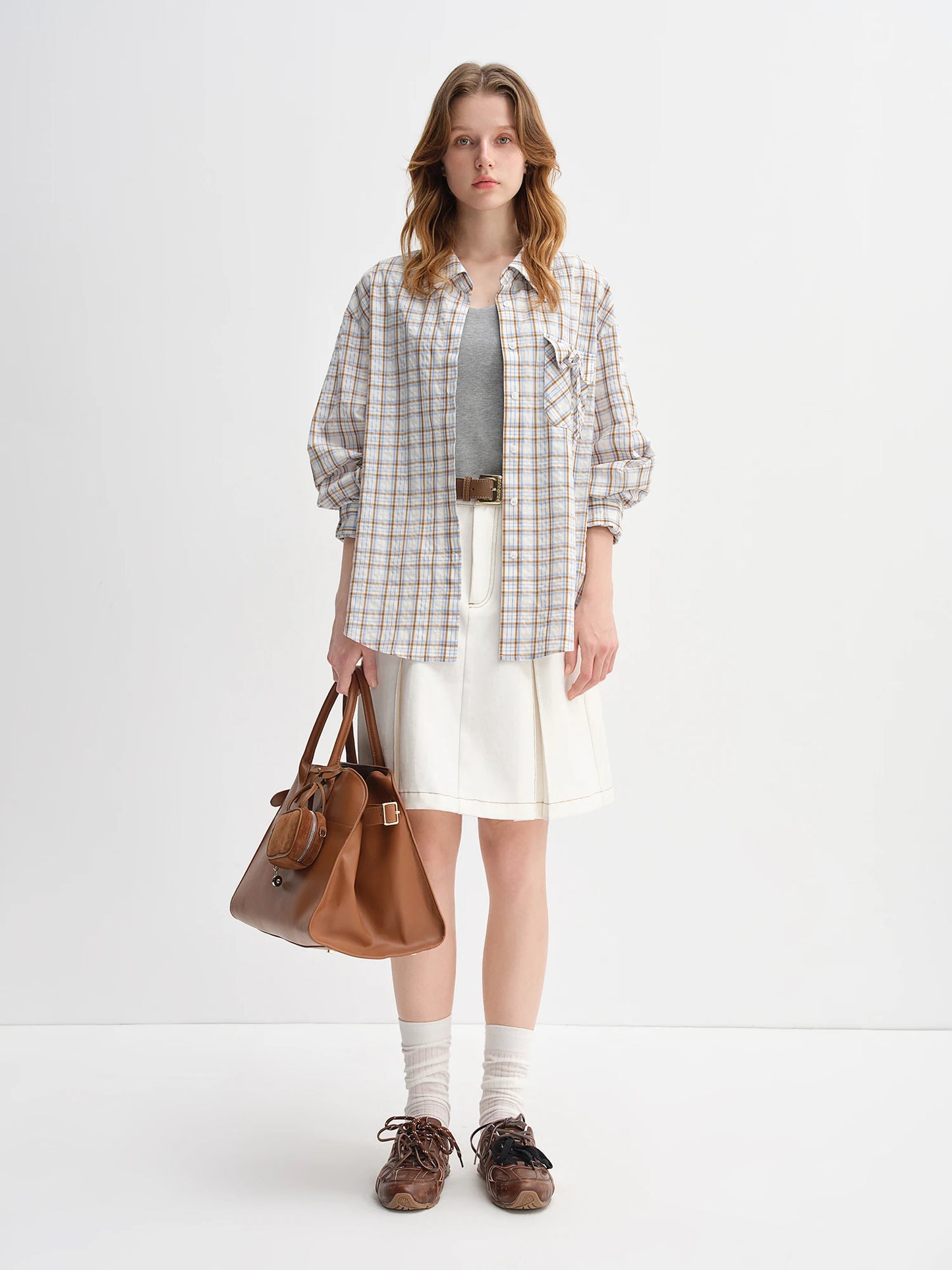 Plus Size Plaid Collar Shirt - Drawstring Pocketed Casual Top