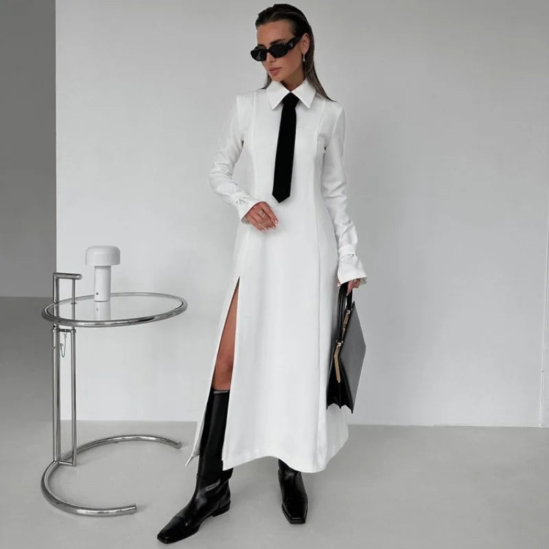 Women's Side Slit Long Turn Collar Tie Midi Loose Slender Dress