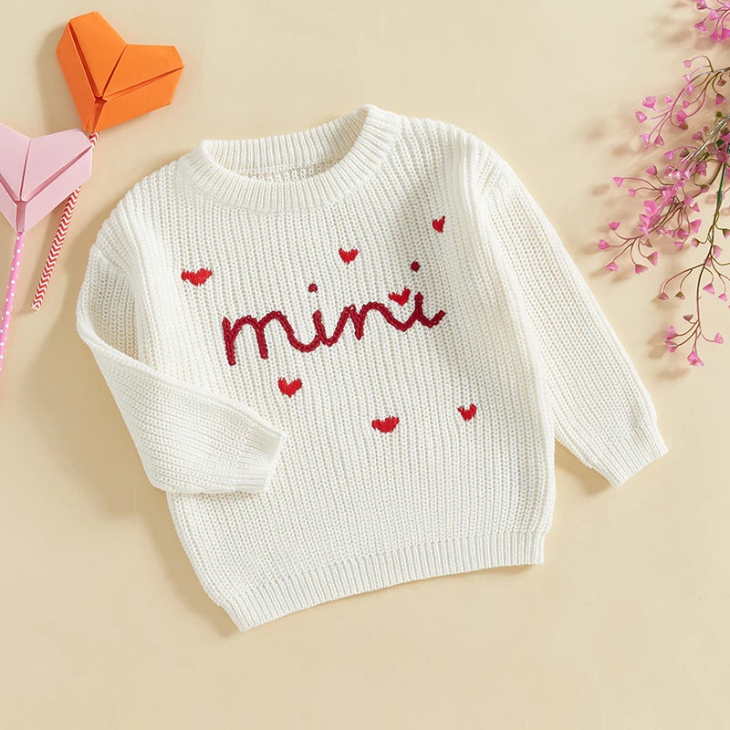 Mommy & Me Letter Heart Embroidery Matching Sweaters - Long Sleeve Round Neck Tops