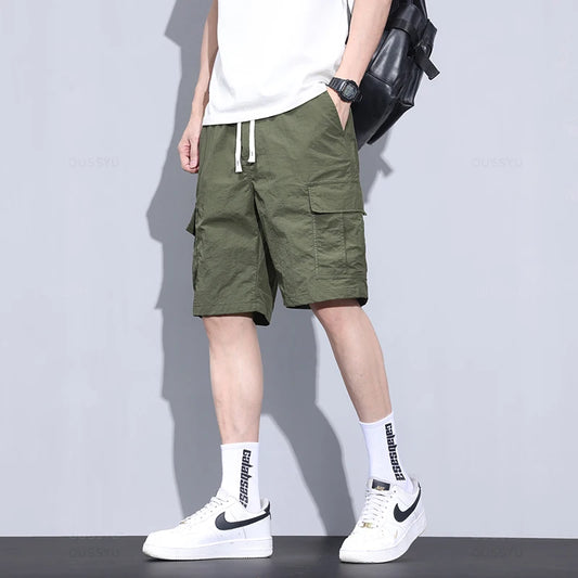 Summer Ultrathin Shorts Pants Men Cargo Work Side Pockets Joggers  Grey Bermuda Knee Beach Nylon Short Pant Male Big Size M-5XL