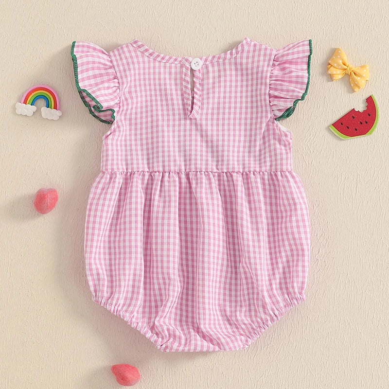 Baby Fruit Embroidery Romper - Ruffles Fly Sleeves Plaid Print Jumpsuit (0-18M)