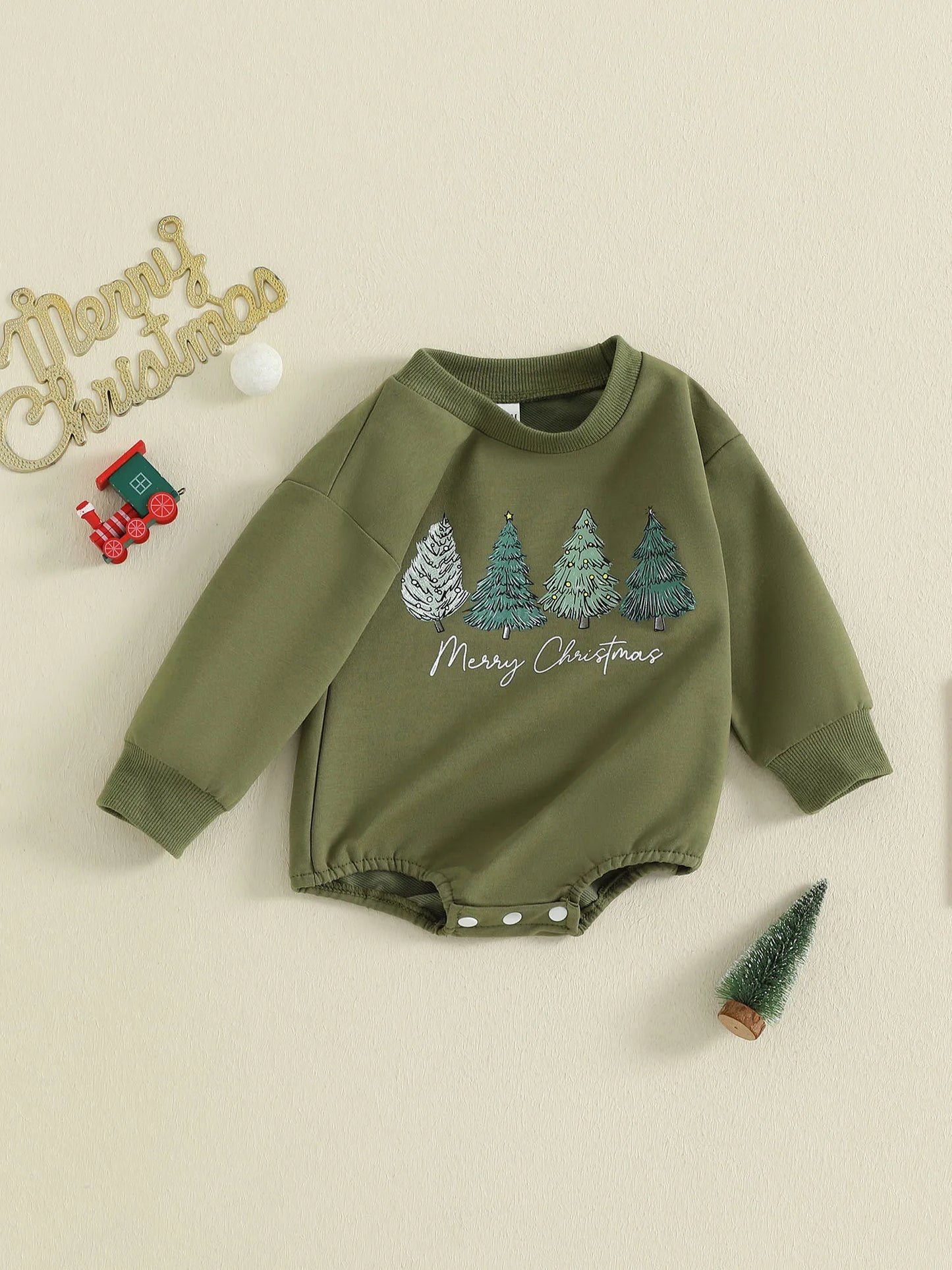 Baby Christmas Romper - Long Sleeve Tree Letter Print Bodysuit (0-18M)