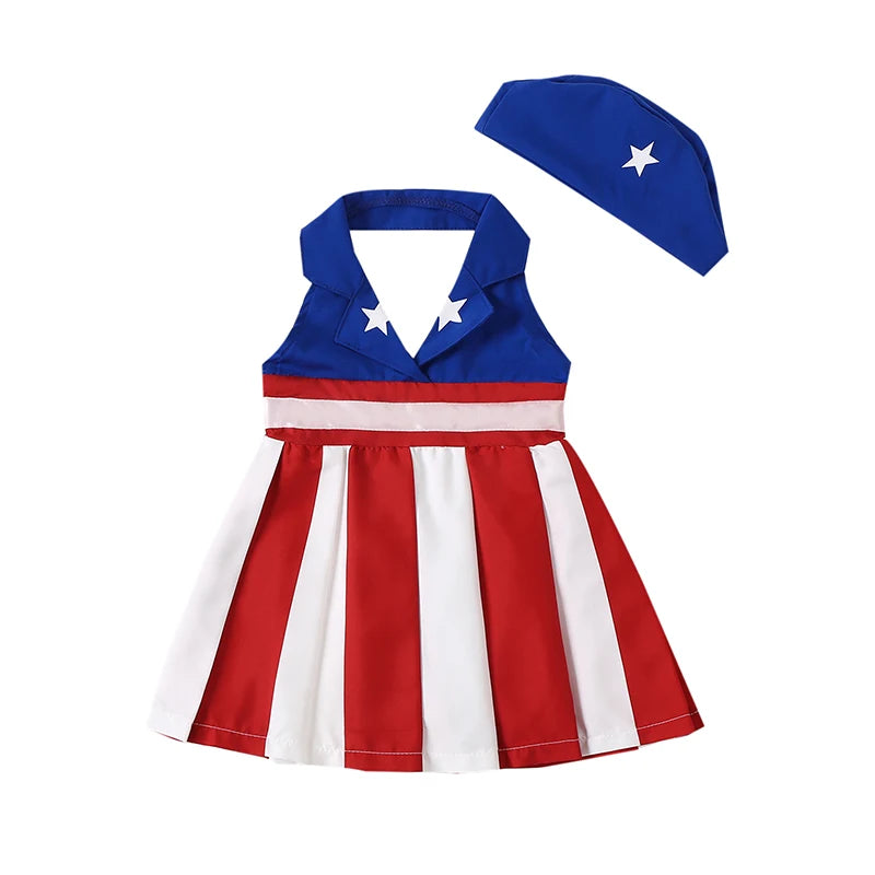 1-5Y Girls American Flag Sleeveless Halter Neck Striped Star Patchwork A-Line Dress  with Hat