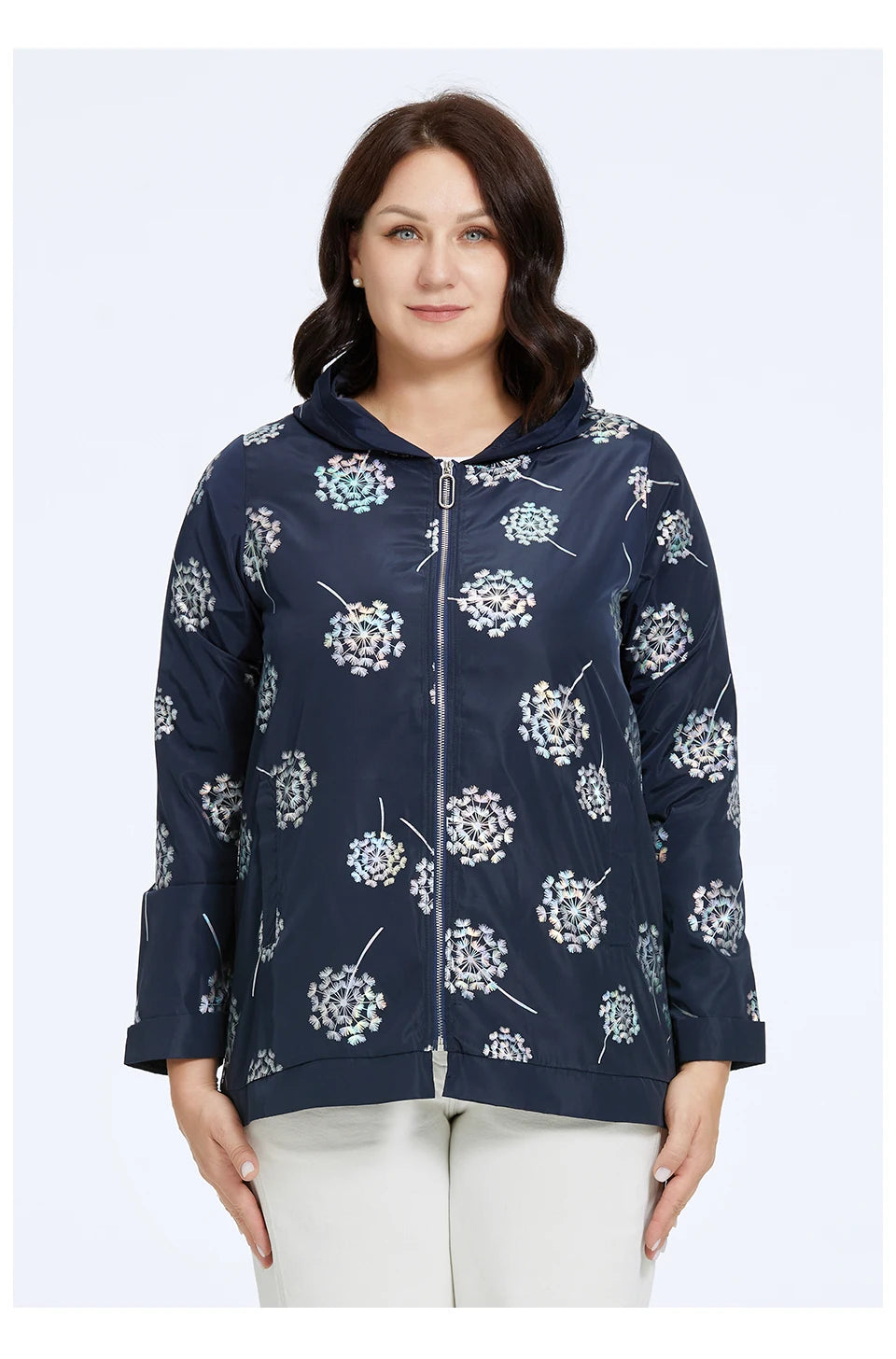 Women's Oversized Hooded Flower Print Zip Windbreaker Jacket