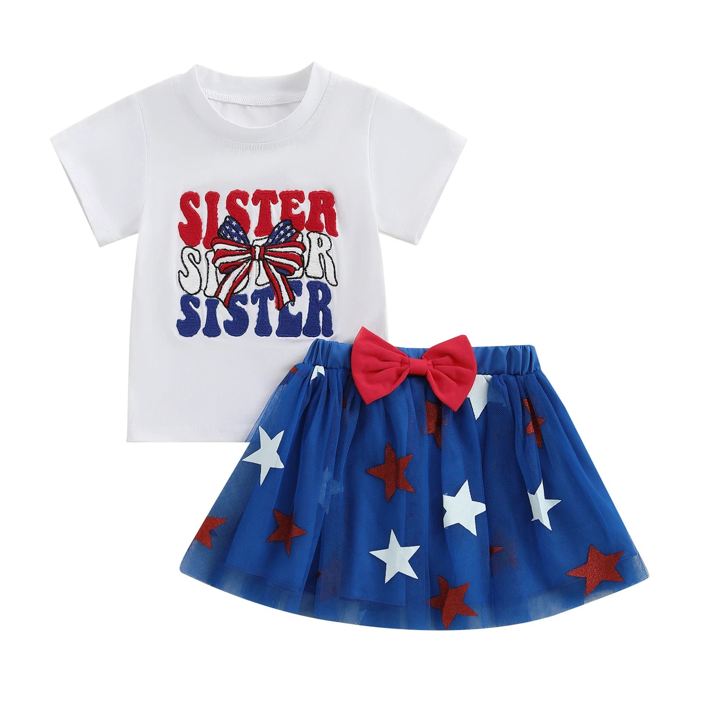 0-4Y Summer Kids Girls USA Clothes Set Short Sleeve Letter Bow Embroidery T Shirts Star Tulle Skirt