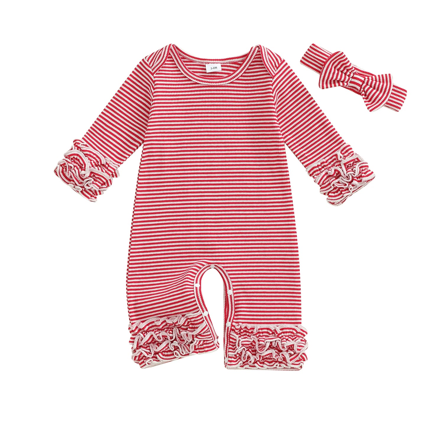 Baby Girls Striped Romper Outfit - Long Sleeve Full Length Jumpsuit with Bow Headband (0-18M)