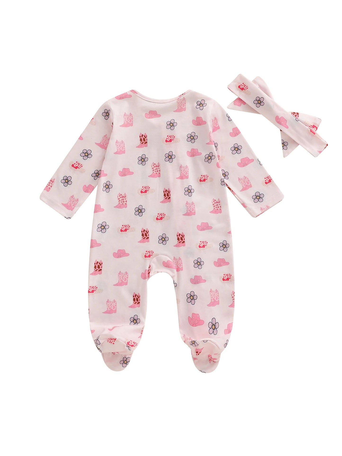 Baby Fall Winter Romper with Floral Hat Print - Zip Up Footed Jumpsuit & Headband (0-18M)
