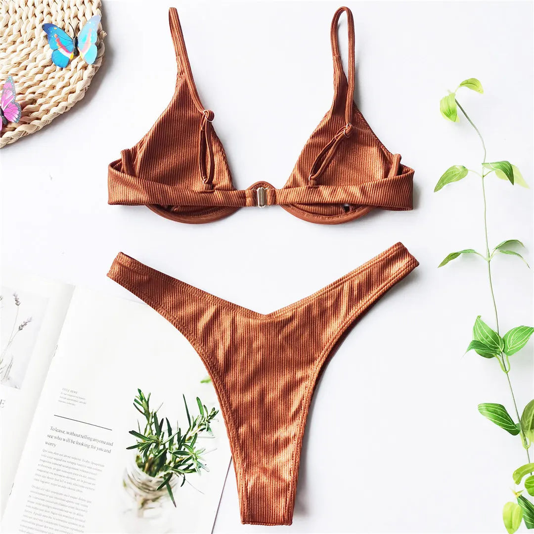 Women's V-Bar Underwired Bikini Set | V-Shape Wire Padded Two-Piece Swimwear