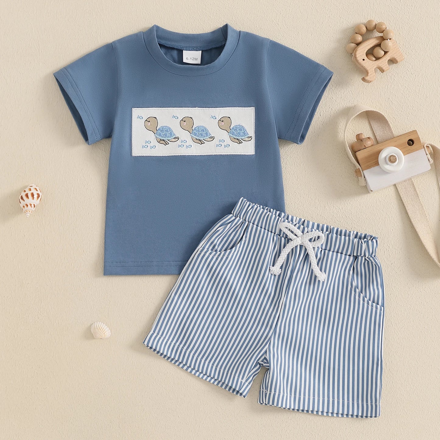 Baby Boys' Casual Outfit Set - Animal Embroidery Short Sleeve T-Shirt & Striped Shorts 2pcs