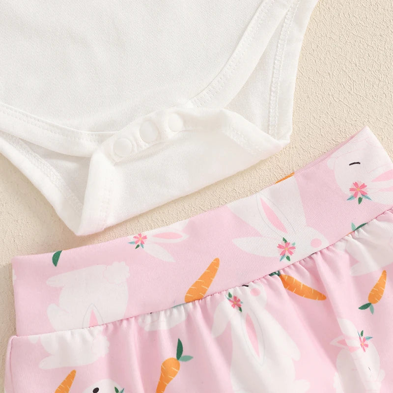Baby Girls' Easter Outfit Set - Letter Print Romper, Carrot Bunny Shorts & Headband 3pcs