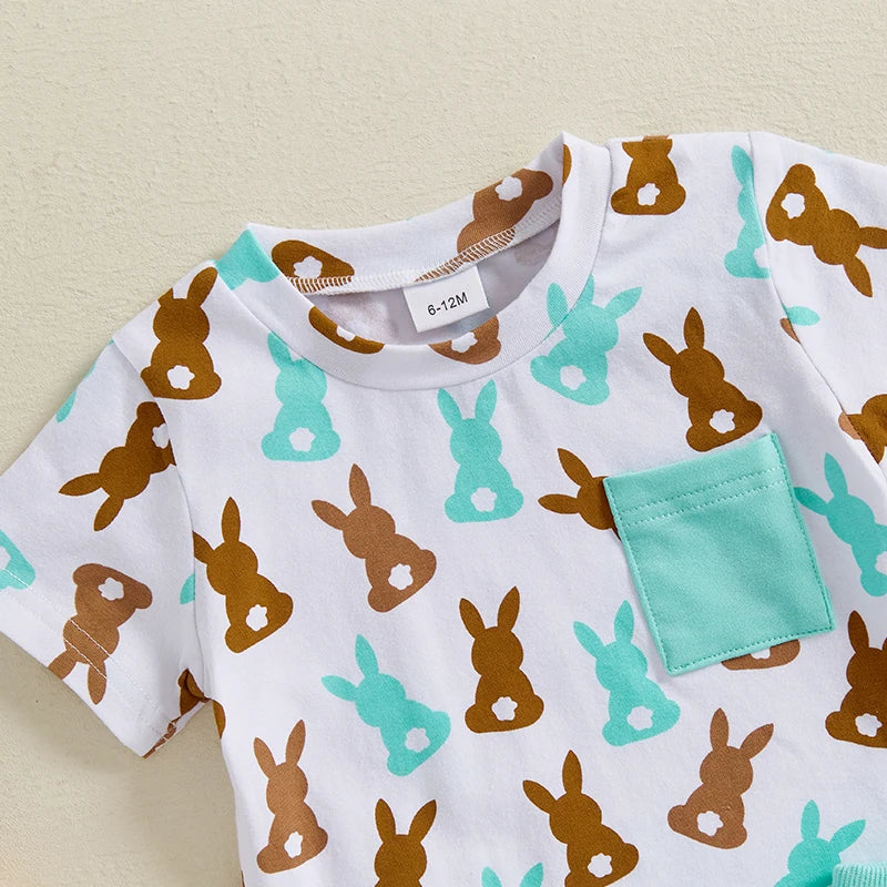 Toddler Baby Boys' Easter Outfit Set - Rabbit Print Short Sleeve T-Shirt & Shorts with Pockets 2pcs
