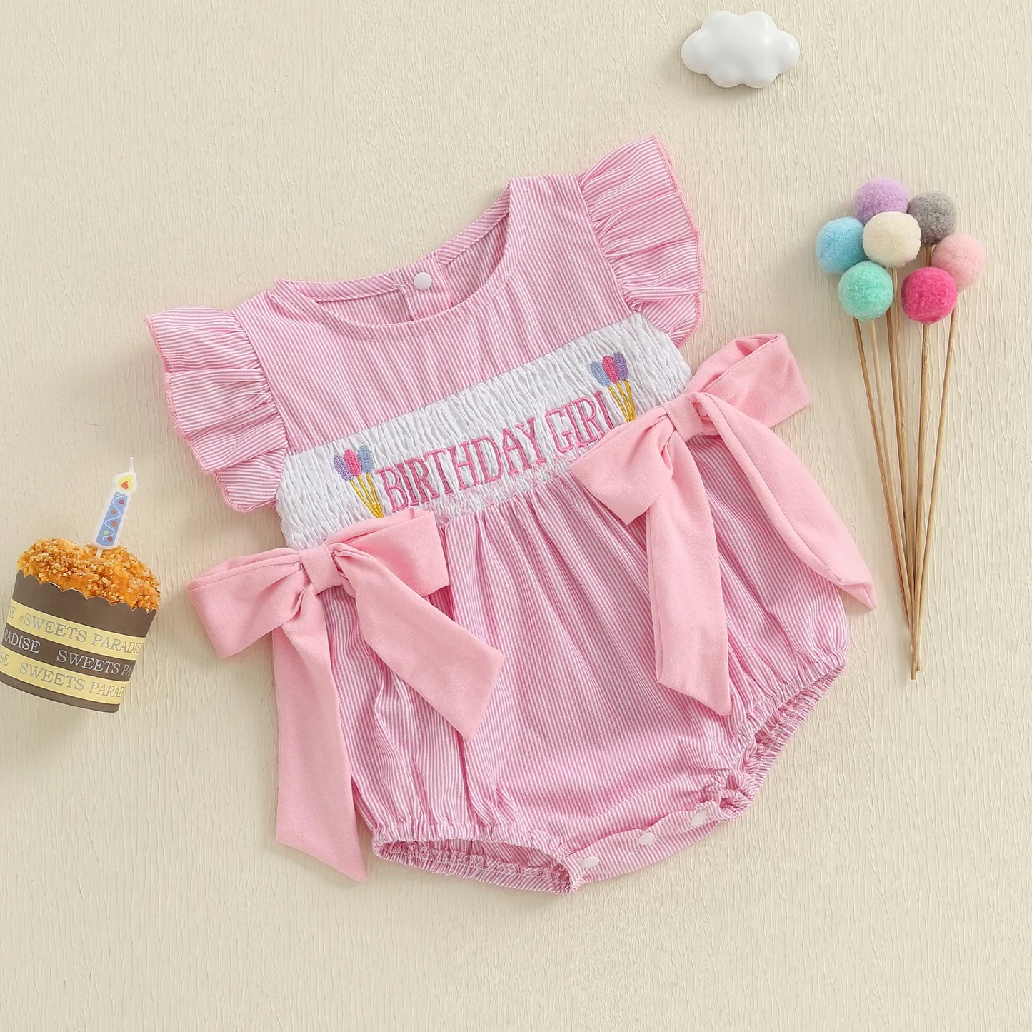 Baby Girls Birthday Romper - Striped Print Letter Embroidery Ruffled Jumpsuit