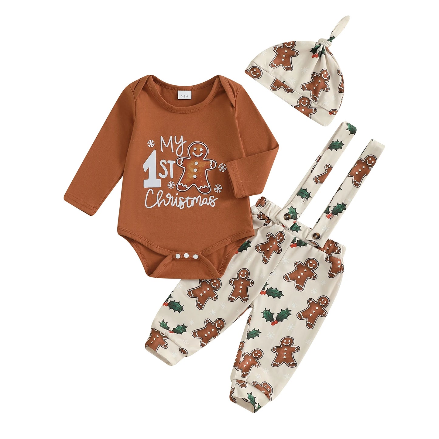 Christmas Baby Boys 3-Piece Outfit Set - Printed Romper, Overalls & Hat (0-18M)